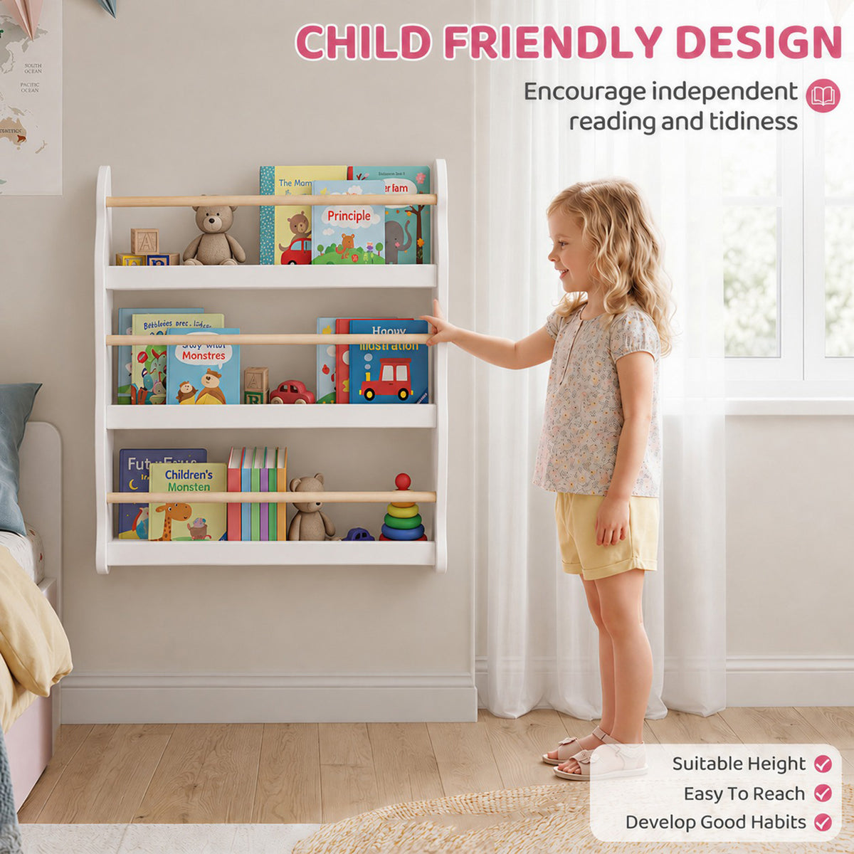 Kids' 3-Tier Wall-Mounted Bookshelf - White