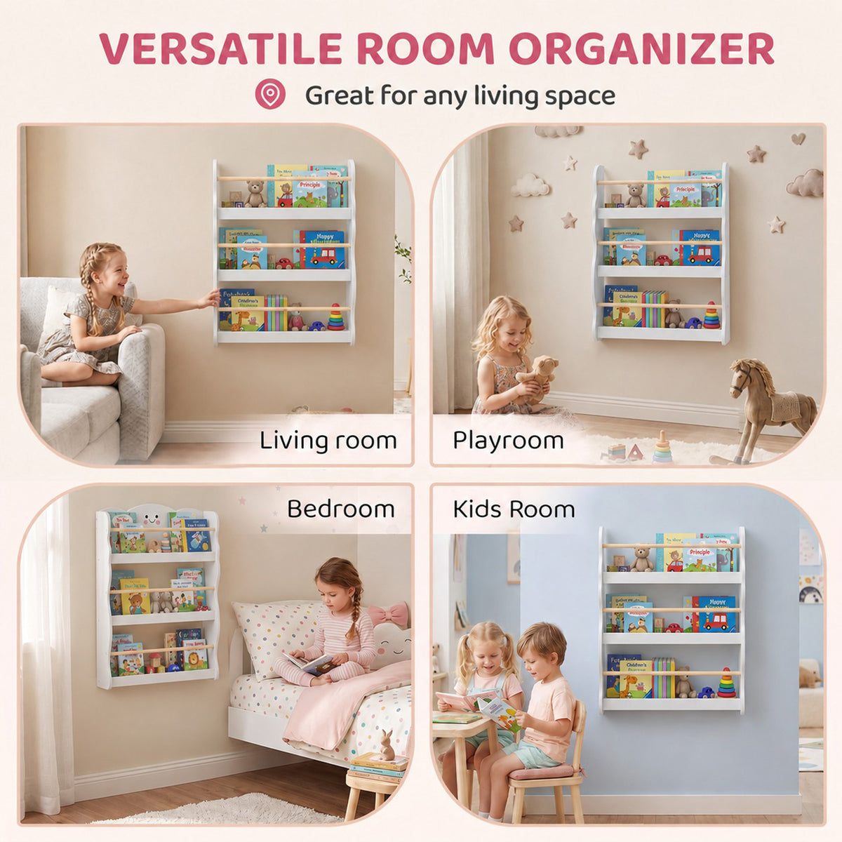 Kids' 3-Tier Wall-Mounted Bookshelf - White