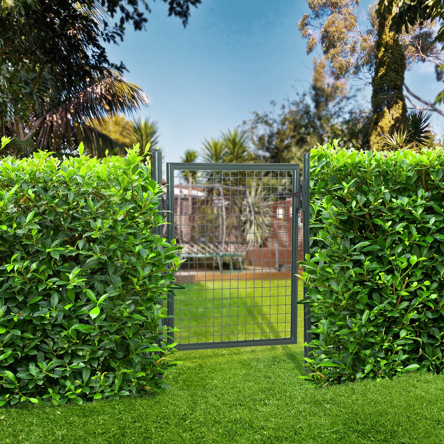 Steel Garden Gate Security Barrier Mesh Fence w/ Lock, 97cm x 150 cm