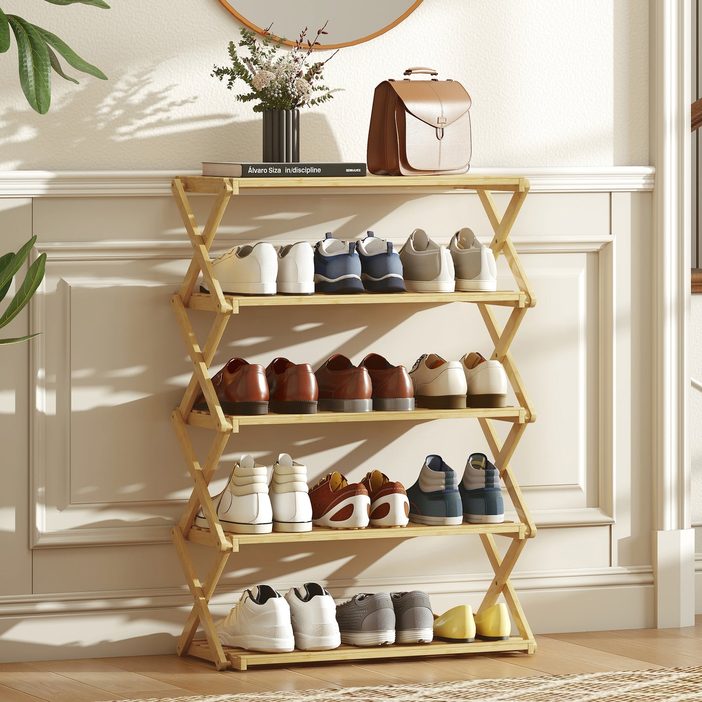 5-Tier Bamboo Shoe Rack, Folding Shoe Shelf, Holds up to 15 Pairs