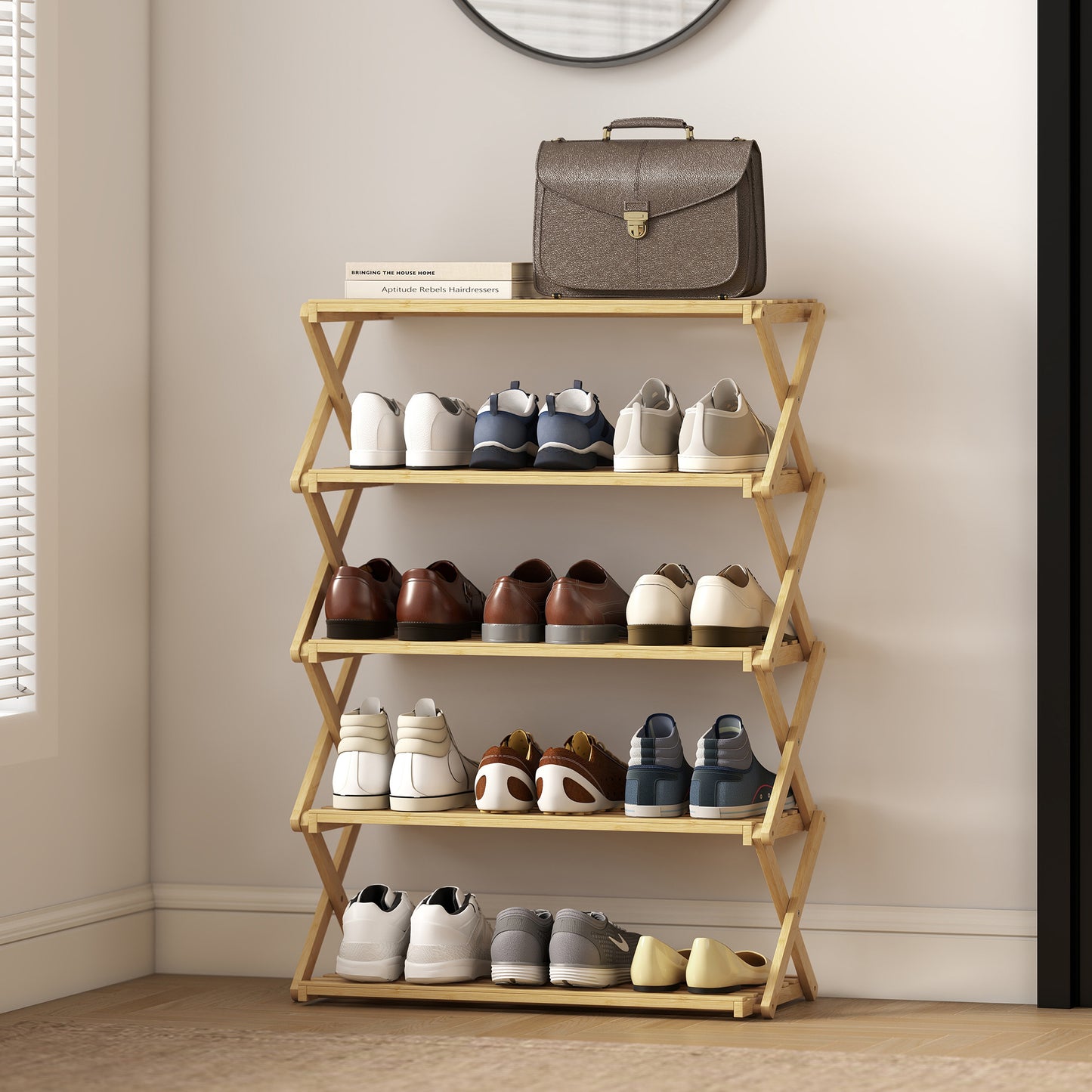 5-Tier Bamboo Shoe Rack, Folding Shoe Shelf, Holds up to 15 Pairs