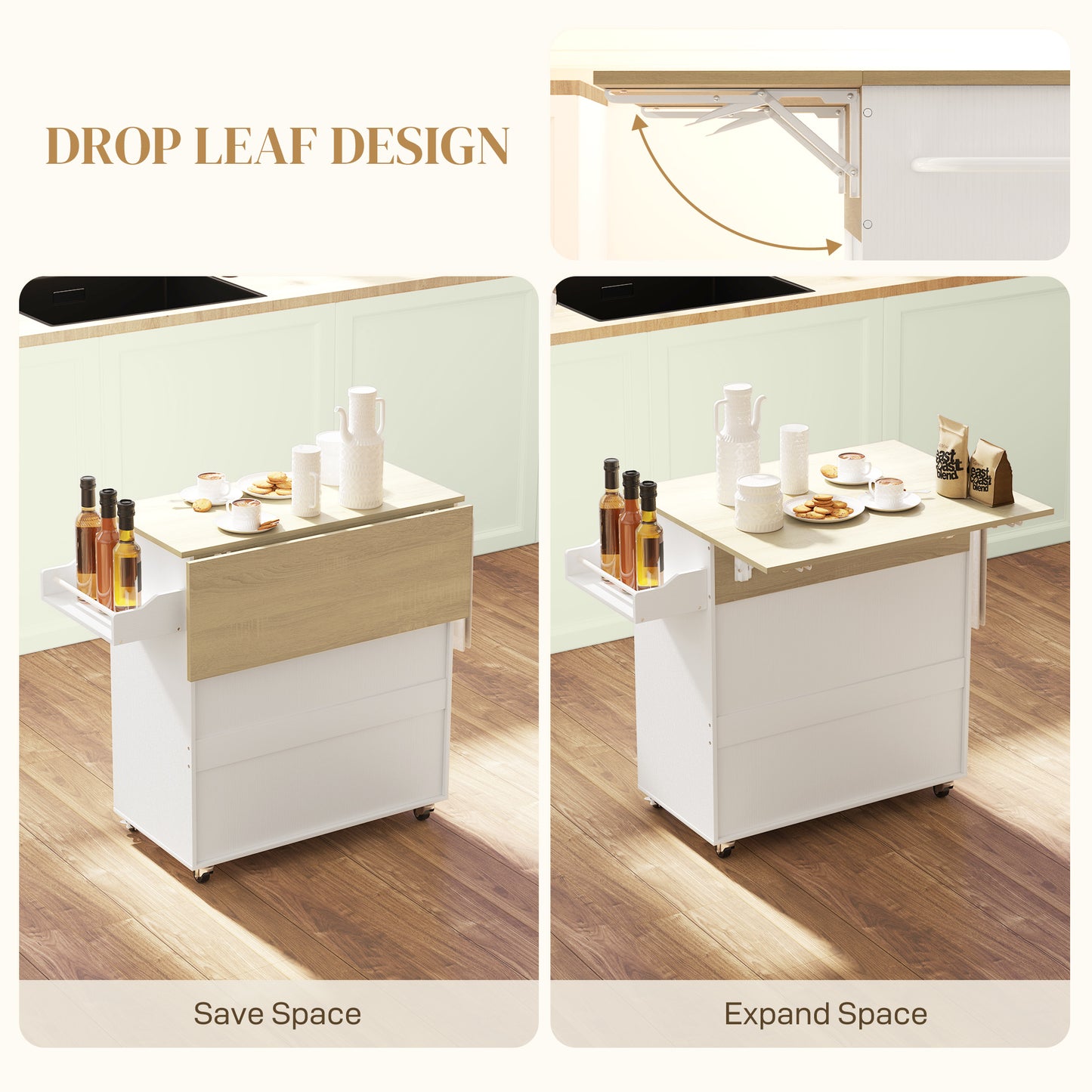 Kitchen Island with Drop Leaf, Rolling Kitchen Storage Trolley, White