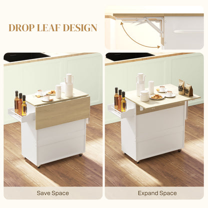 Kitchen Island with Drop Leaf, Rolling Kitchen Storage Trolley, White