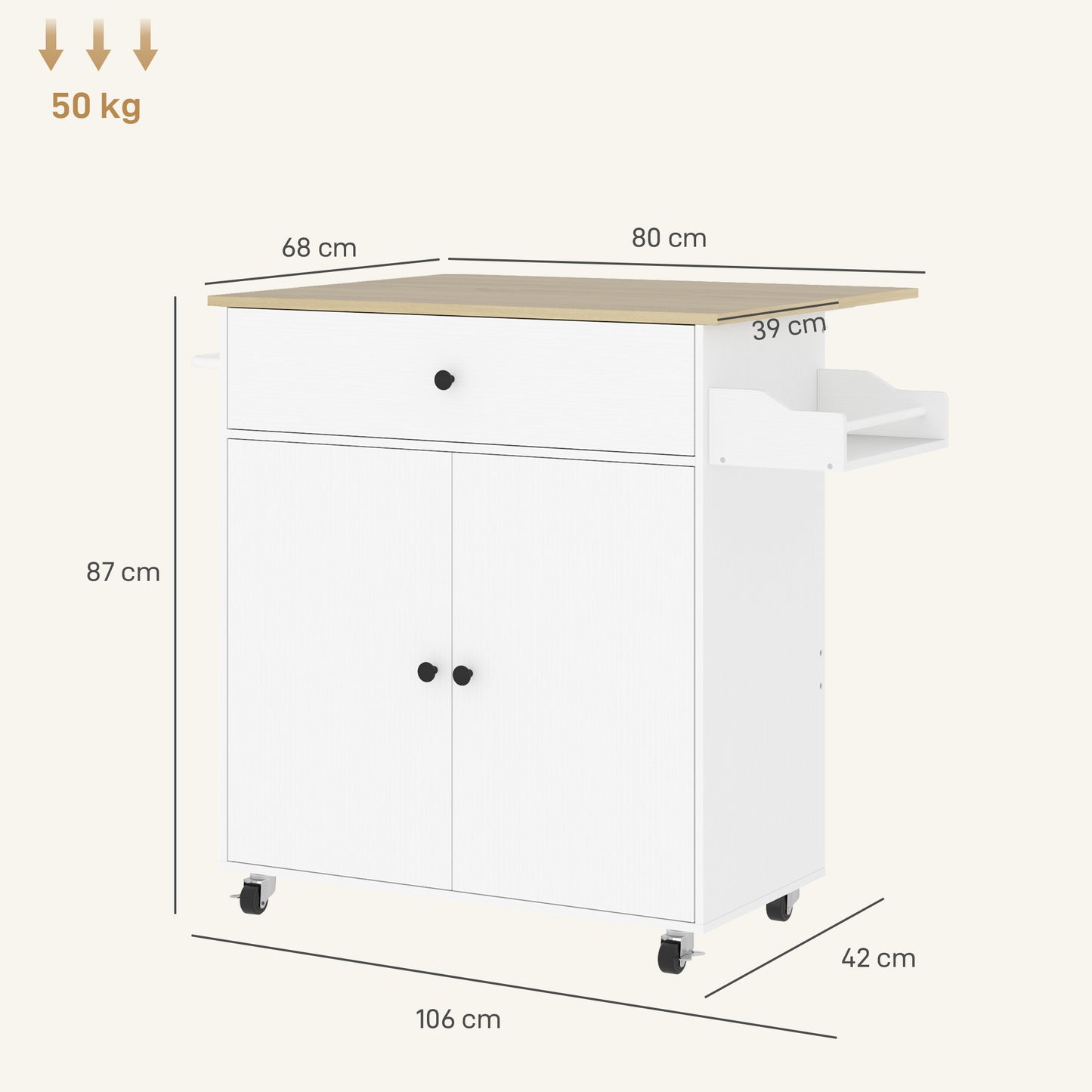Kitchen Island with Drop Leaf, Rolling Kitchen Storage Trolley, White