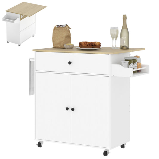 Kitchen Island with Drop Leaf, Rolling Kitchen Storage Trolley, White