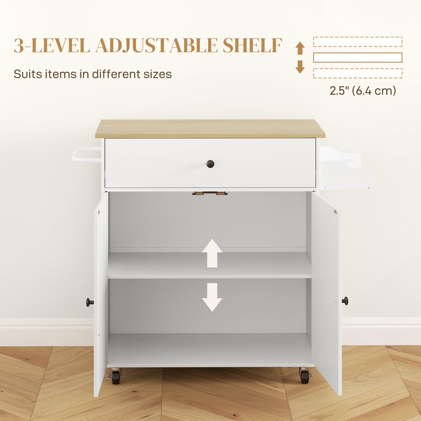 Kitchen Island with Drop Leaf, Rolling Kitchen Storage Trolley, White