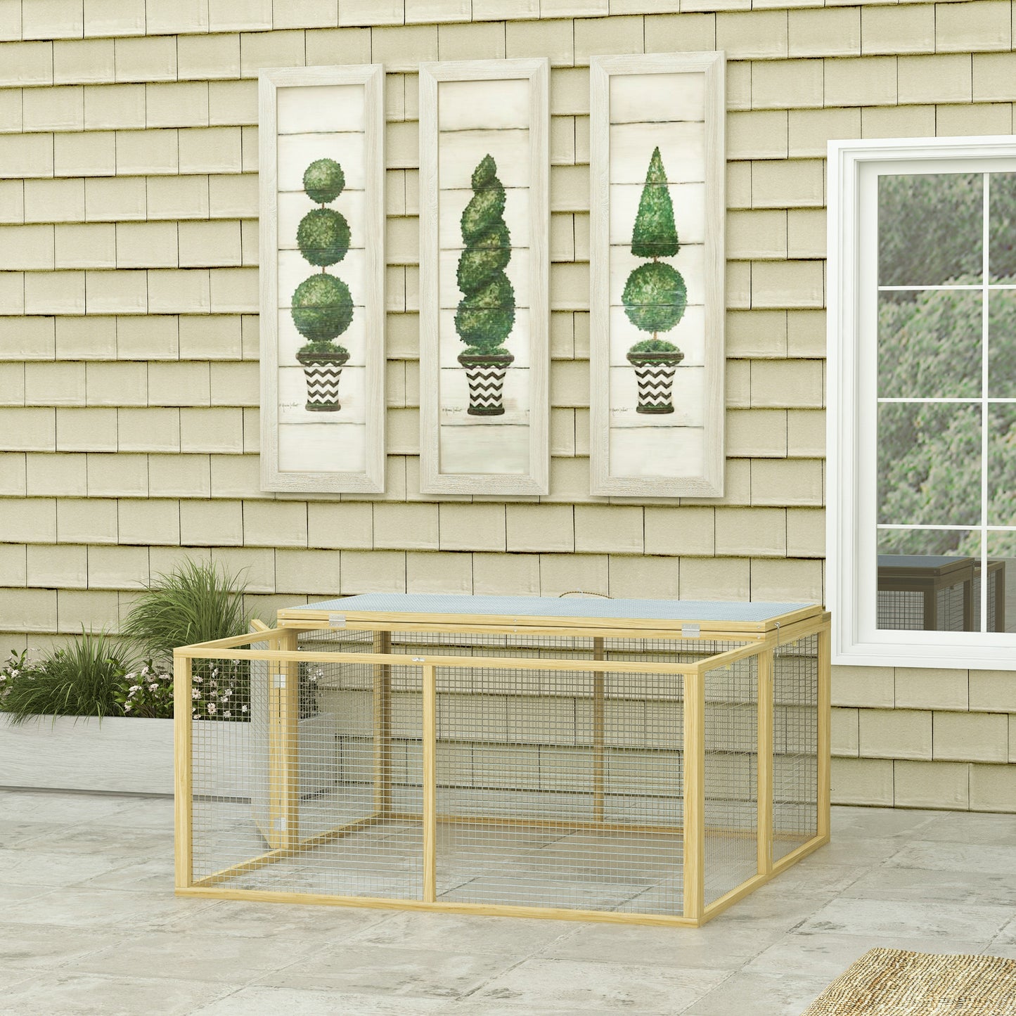 Rabbit Hutch, Folding Wooden Rabbit Run with Openable Top, Natural