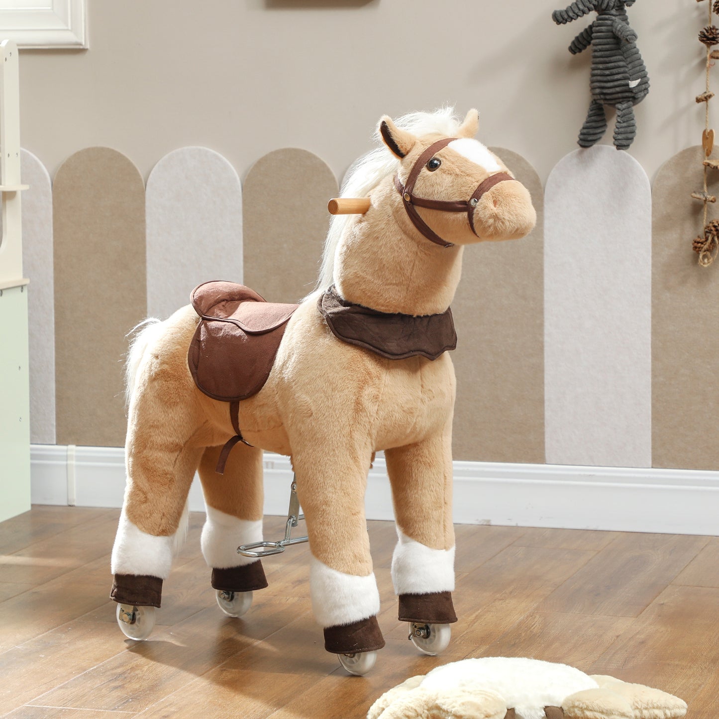 Plush Rocking Horse with Rolling Wheels for 3-5 Years, Brown