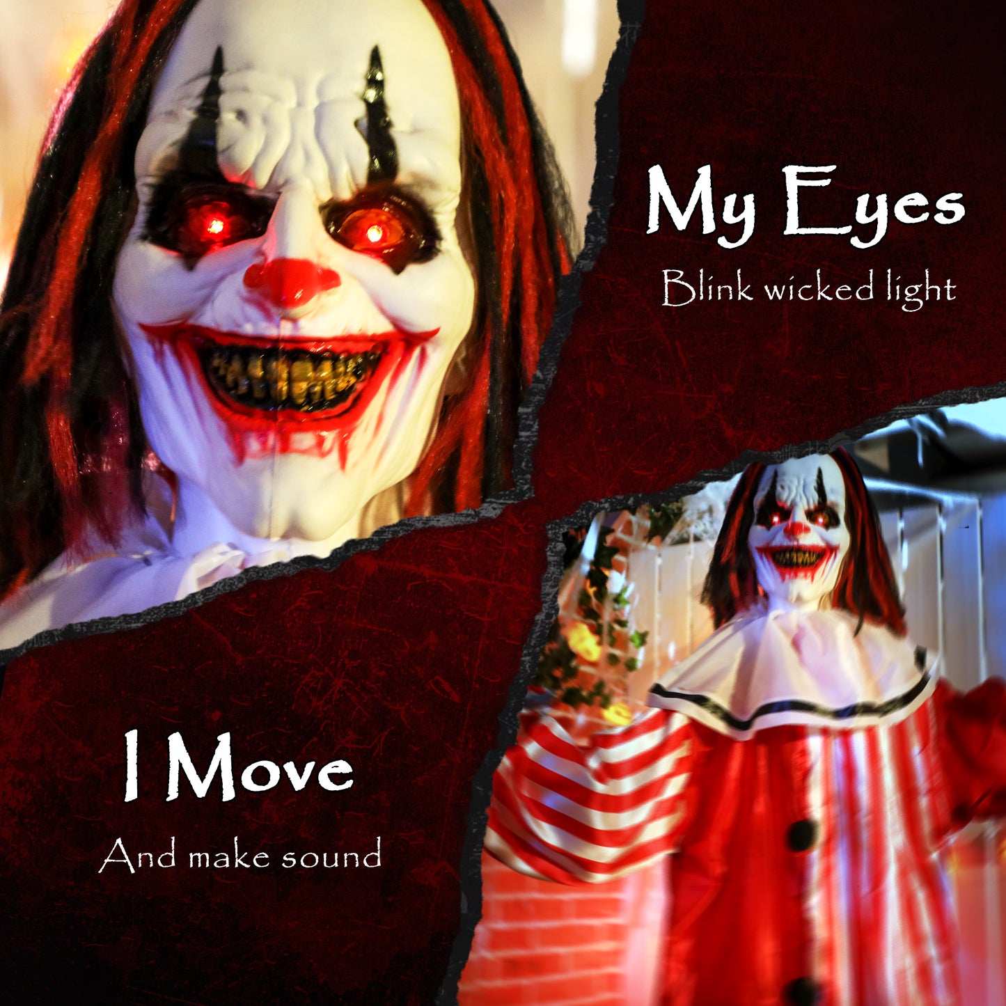 Sound Activated Halloween Animatronics Clown with Red Light Up Eyes