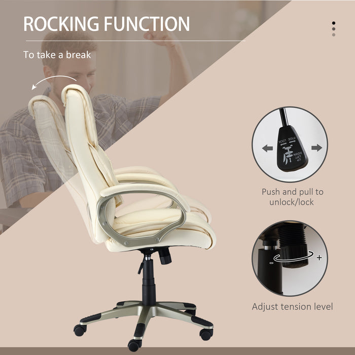 Home Office Chair High Back Computer Desk Chair with Faux Leather Adjustable Height Rocking Function Cream White