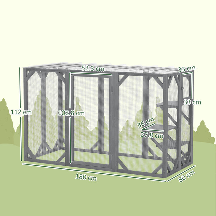 Wooden Cat House, 71" Catio Outdoor Cat Enclosure with 3 Platforms, Large Door and Weatherproof Roof, for Multiple Cats, Grey