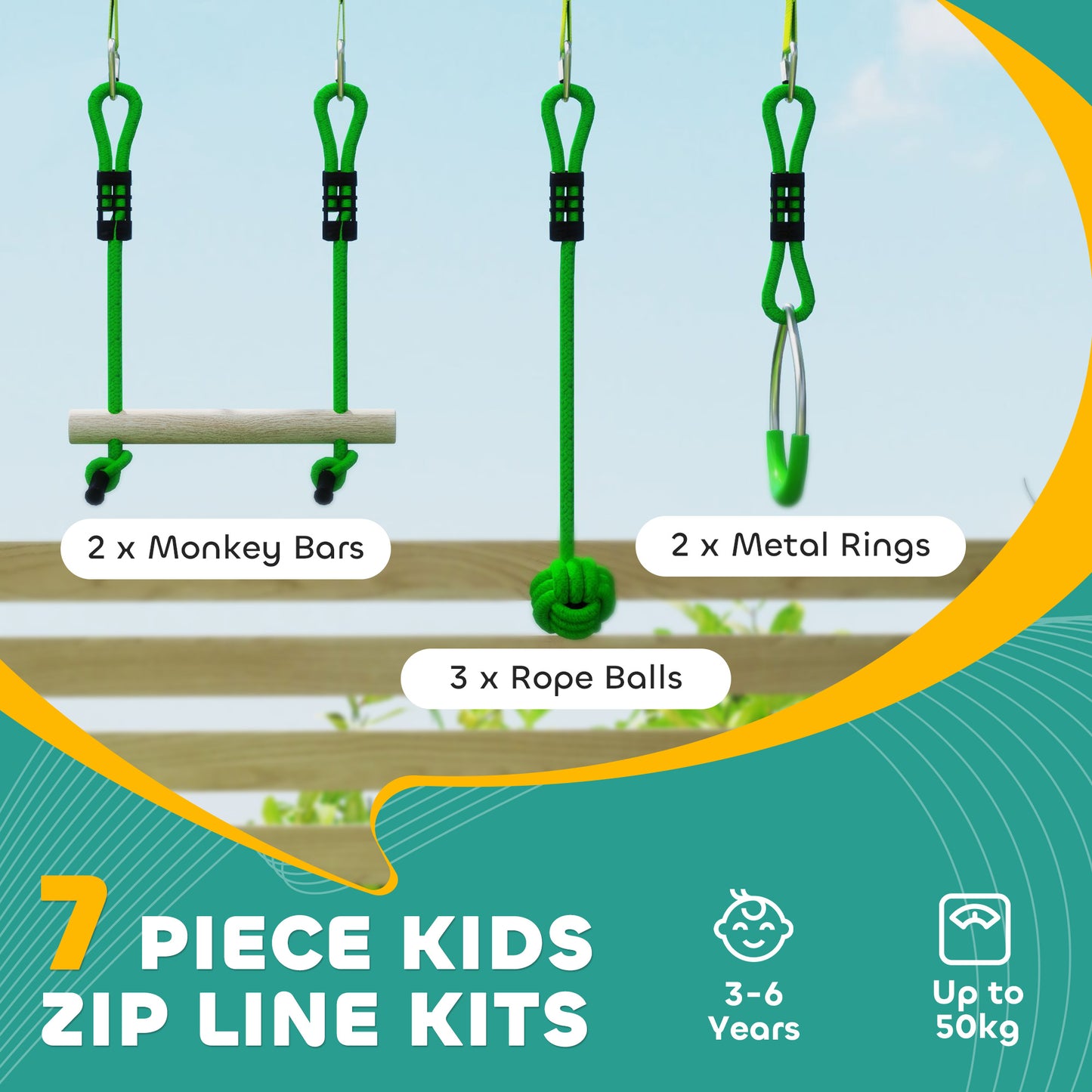 3 Piece Kids Zip Line Kit for Garden, 10m Length, Up to 50kg