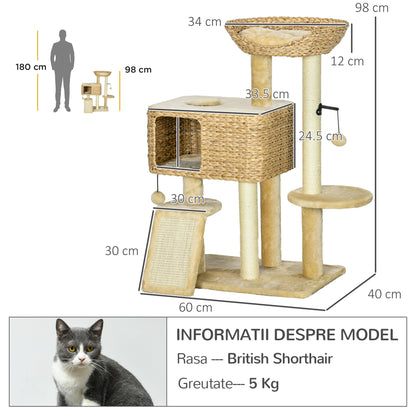 Multi-Level Cat Tree with Scratching Post Condo Bed Ramp, 95cm, Beige