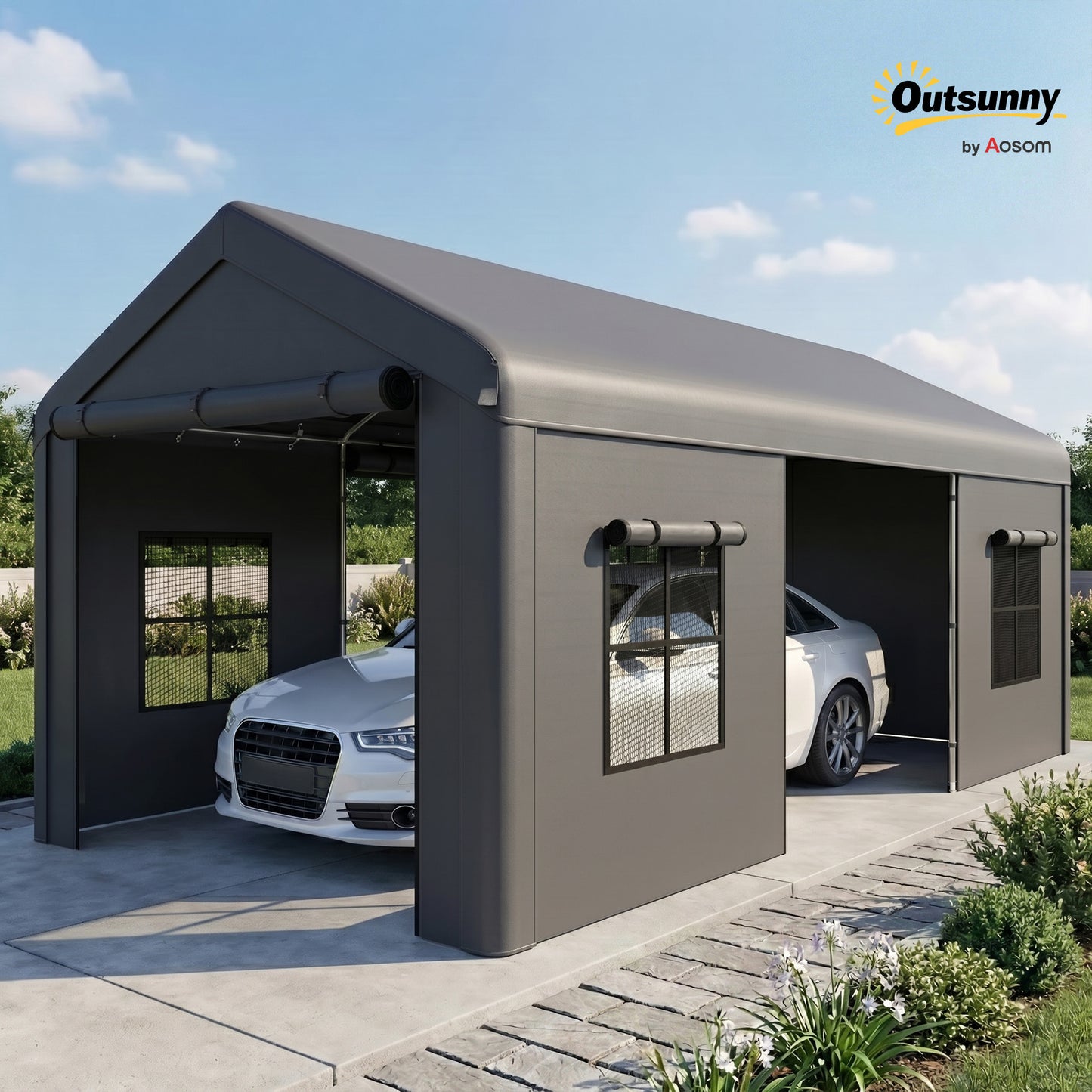 3 x 6 m Heavy Duty Carport, Outdoor Car Canopy Party Tent with Galvanised Frame, Roll-up Doors, Mesh Windows, Storage Shed Portable Garage for Car Truck Boat, Dark Grey