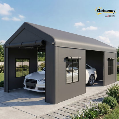3 x 6 m Heavy Duty Carport, Outdoor Car Canopy Party Tent with Galvanised Frame, Roll-up Doors, Mesh Windows, Storage Shed Portable Garage for Car Truck Boat, Dark Grey