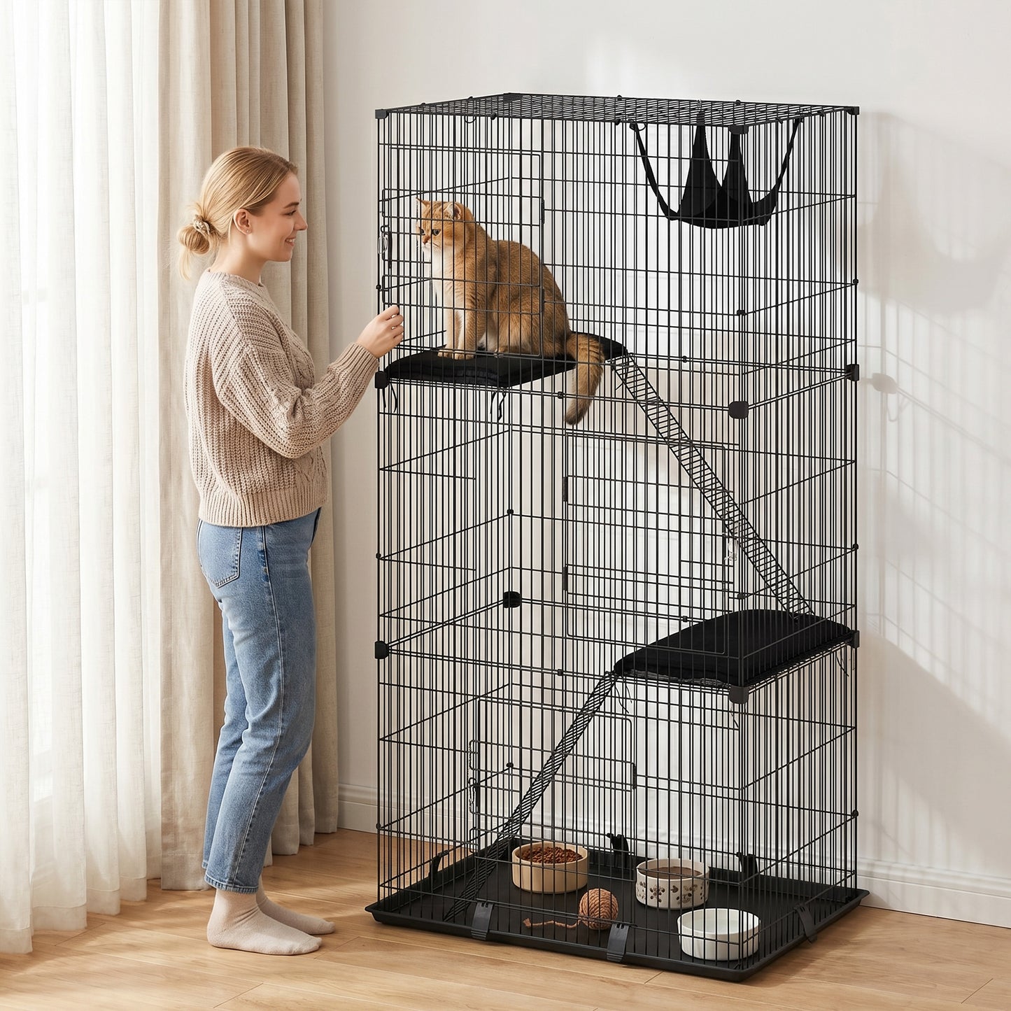 3-Tier Large Cat Cage Indoor, Detachable Metal Wire Kennel with Hammock, Platforms, Bottom Tray and Cushions, Large Exercise Place with Ladders and 3 Front Doors for 1-2 Kittens, Black