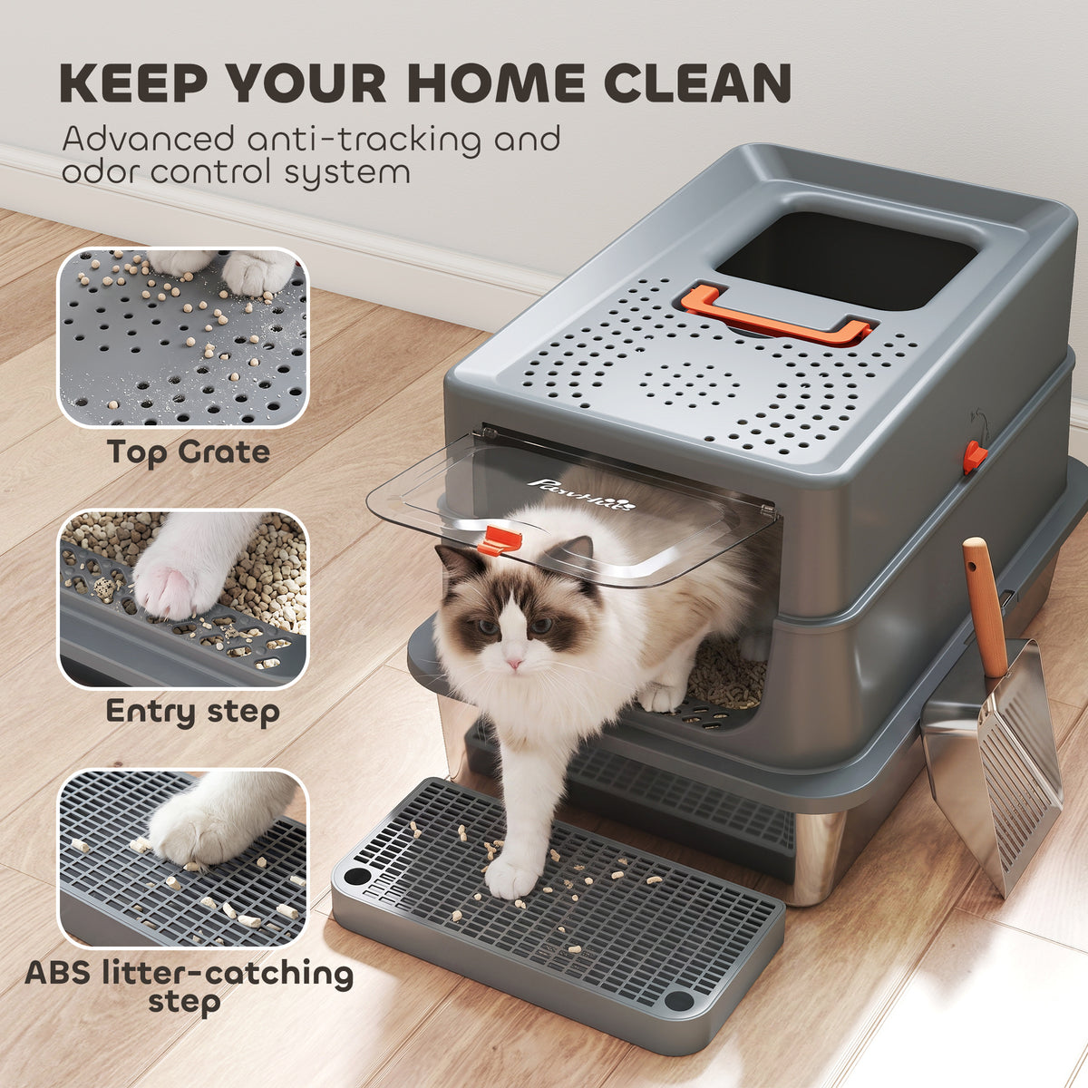 Stainless Steel Cat Litter Tray with Lid, Step, Scoop, High Side
