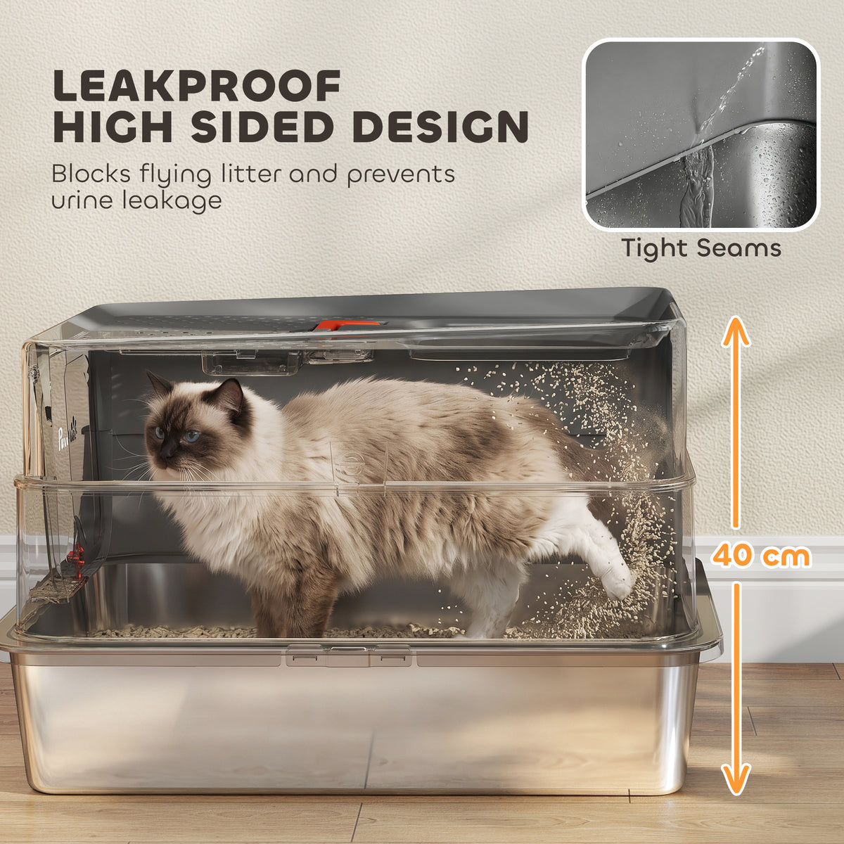 Stainless Steel Cat Litter Tray with Lid, Step, Scoop, High Side