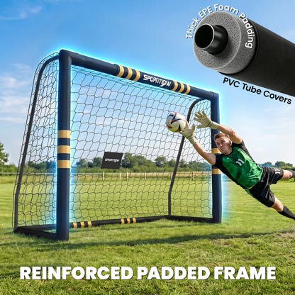 Football Goal, 8 x 5ft Portable Football Net with Thick EPE Foam Padding, PVC Tube Covers, Ground Stakes and Metal Frame, Training Equipment for Garden Indoor Outdoor Play, Easy Assembly
