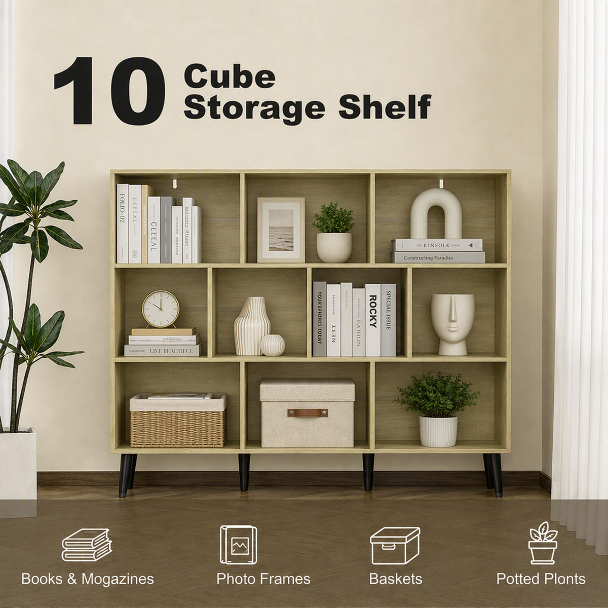 3-Tier Bookshelf with 10 Cubbies, Book Shelf with Wood Legs, Oak