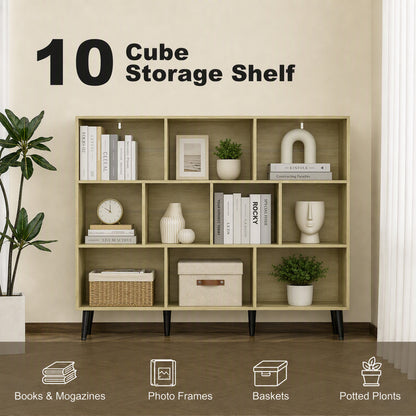 3-Tier Bookshelf with 10 Cubbies, Book Shelf with Wood Legs, Oak