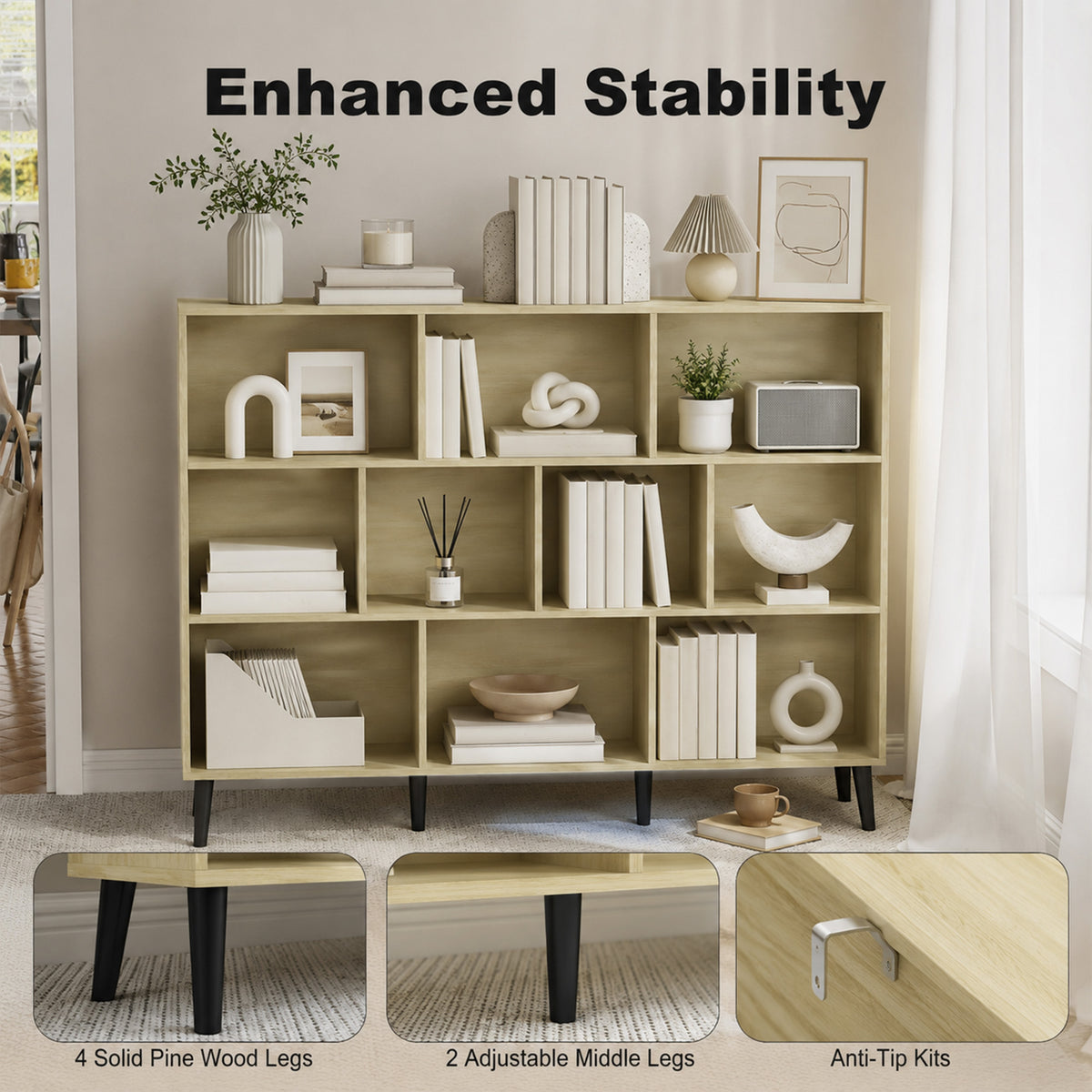 3-Tier Bookshelf with 10 Cubbies, Book Shelf with Wood Legs, Oak