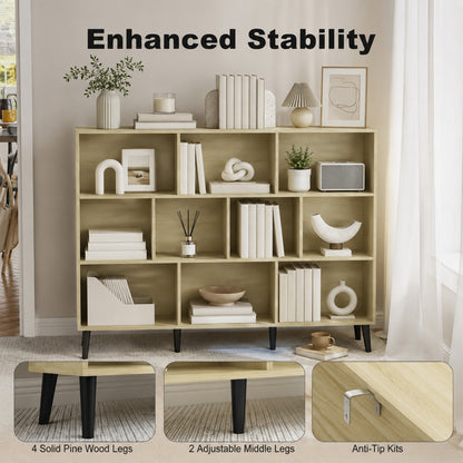 3-Tier Bookshelf with 10 Cubbies, Book Shelf with Wood Legs, Oak
