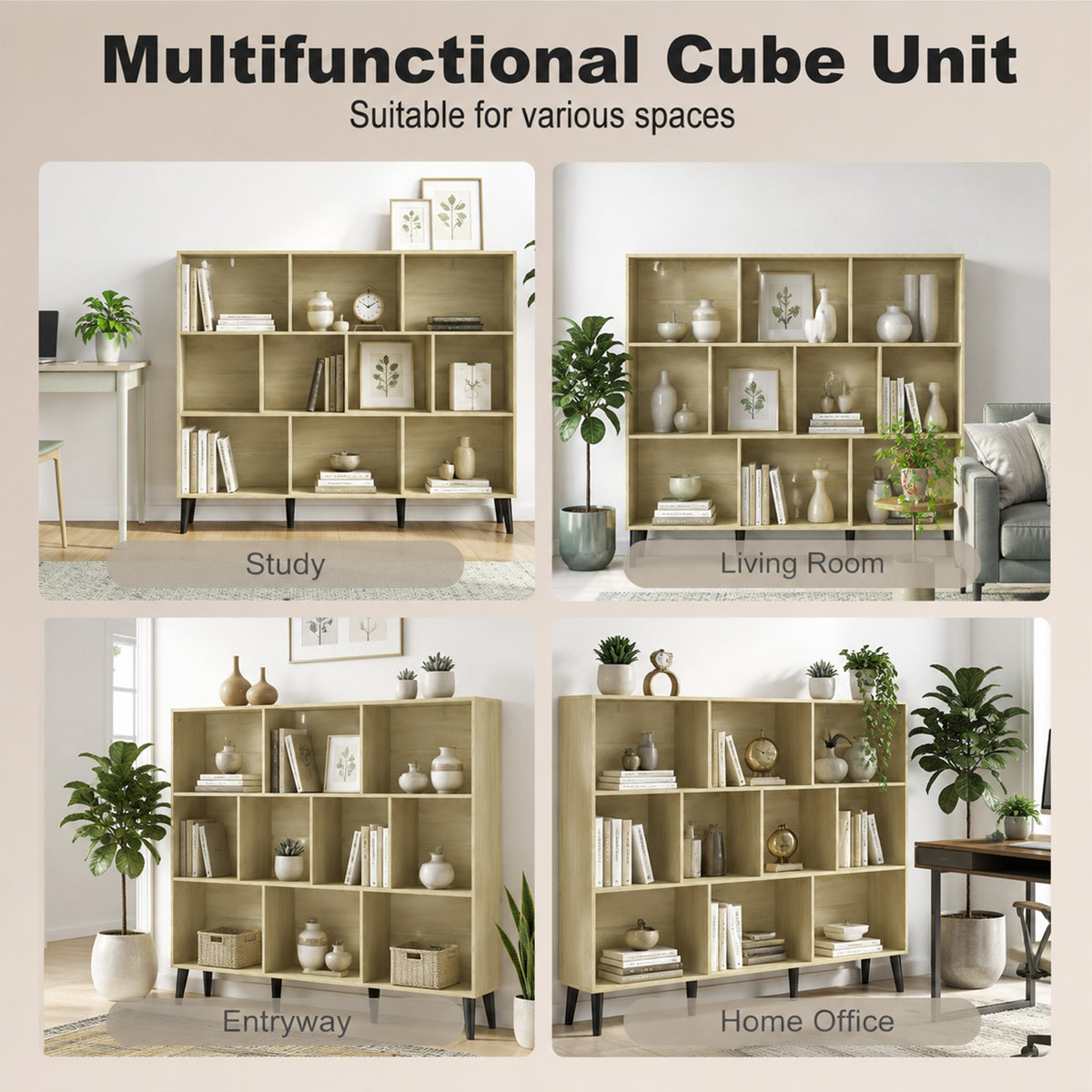 3-Tier Bookshelf with 10 Cubbies, Book Shelf with Wood Legs, Oak