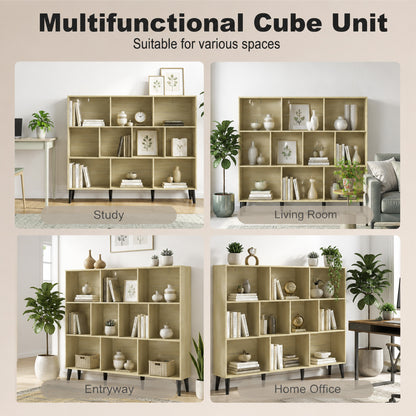 3-Tier Bookshelf with 10 Cubbies, Book Shelf with Wood Legs, Oak