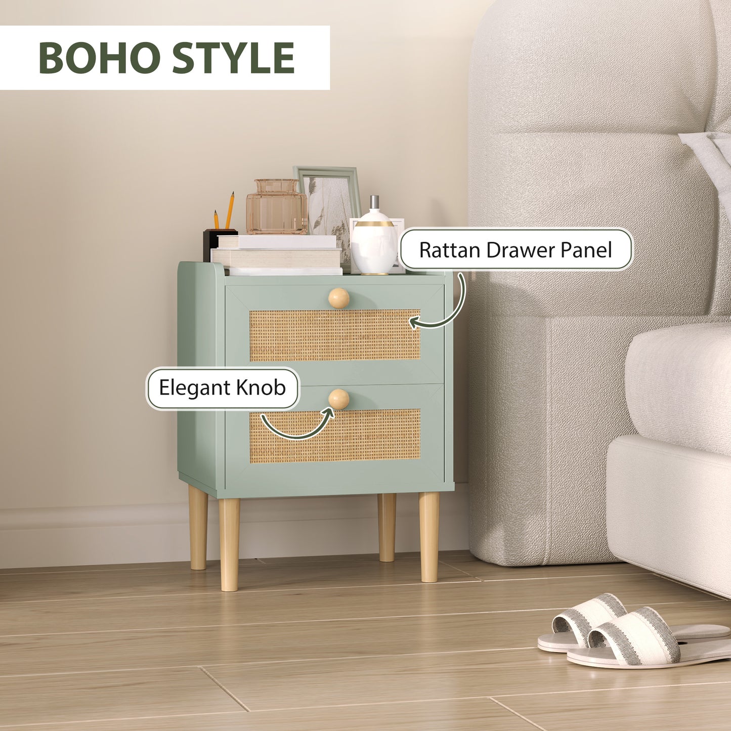 Boho Rattan Bedroom Chest of Drawers, 2 Drawer Dresser, Light Blue