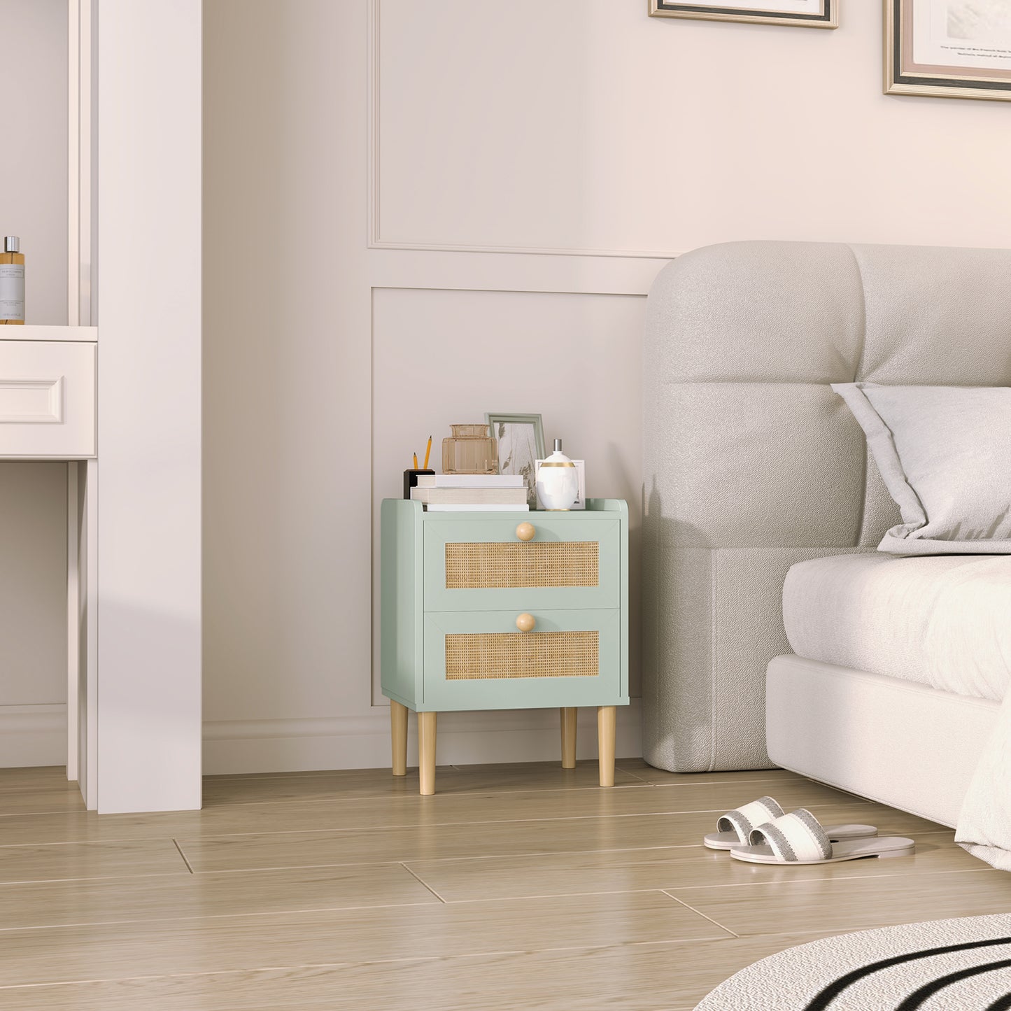 Boho Rattan Bedroom Chest of Drawers, 2 Drawer Dresser, Light Blue