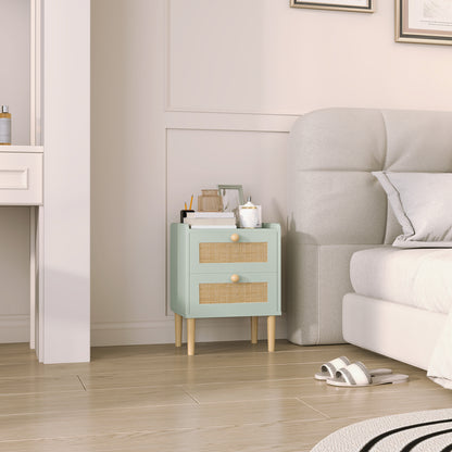 Boho Rattan Bedroom Chest of Drawers, 2 Drawer Dresser, Light Blue