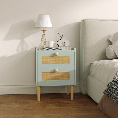 Boho Rattan Bedroom Chest of Drawers, 2 Drawer Dresser, Light Blue