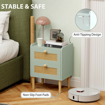 Boho Rattan Bedroom Chest of Drawers, 2 Drawer Dresser, Light Blue