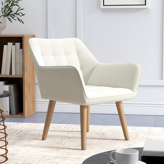 Velvet-Feel Accent Chair with Wooden Legs - Cream White