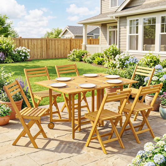 7 Pieces Garden Dining Set, Extending Dining Table and 6 Folding Chairs with Umbrella Hole, Garden Furniture Set with FSC-Certified Acacia Wood for Patio, Natural Wood
