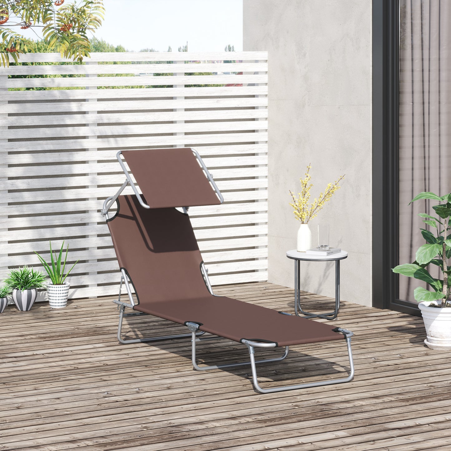 Reclining Chair Sun Lounger Folding Lounger Seat with Sun Shade Awning Beach Garden Outdoor Patio Lounger Adjustable (Brown)