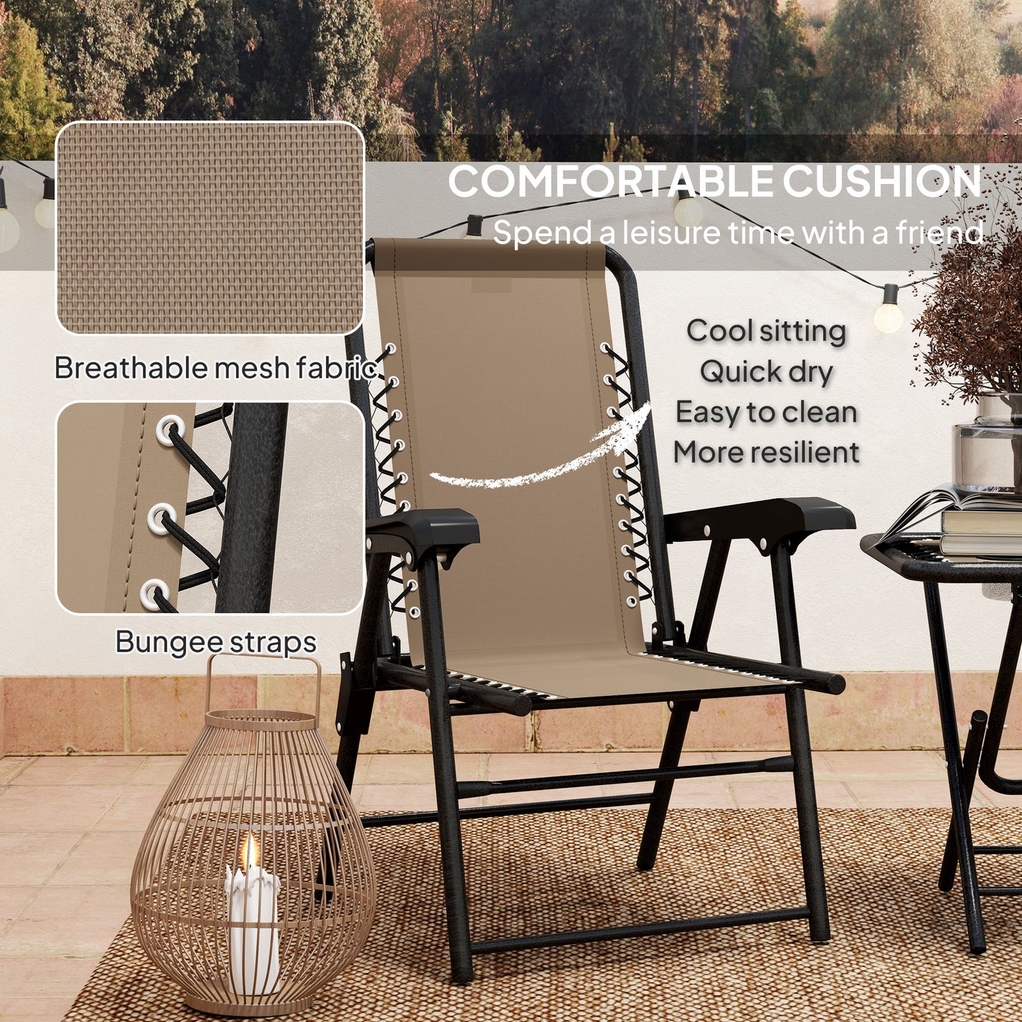 3 Pieces Folding Garden Bistro Set with Cup Holders, Khaki