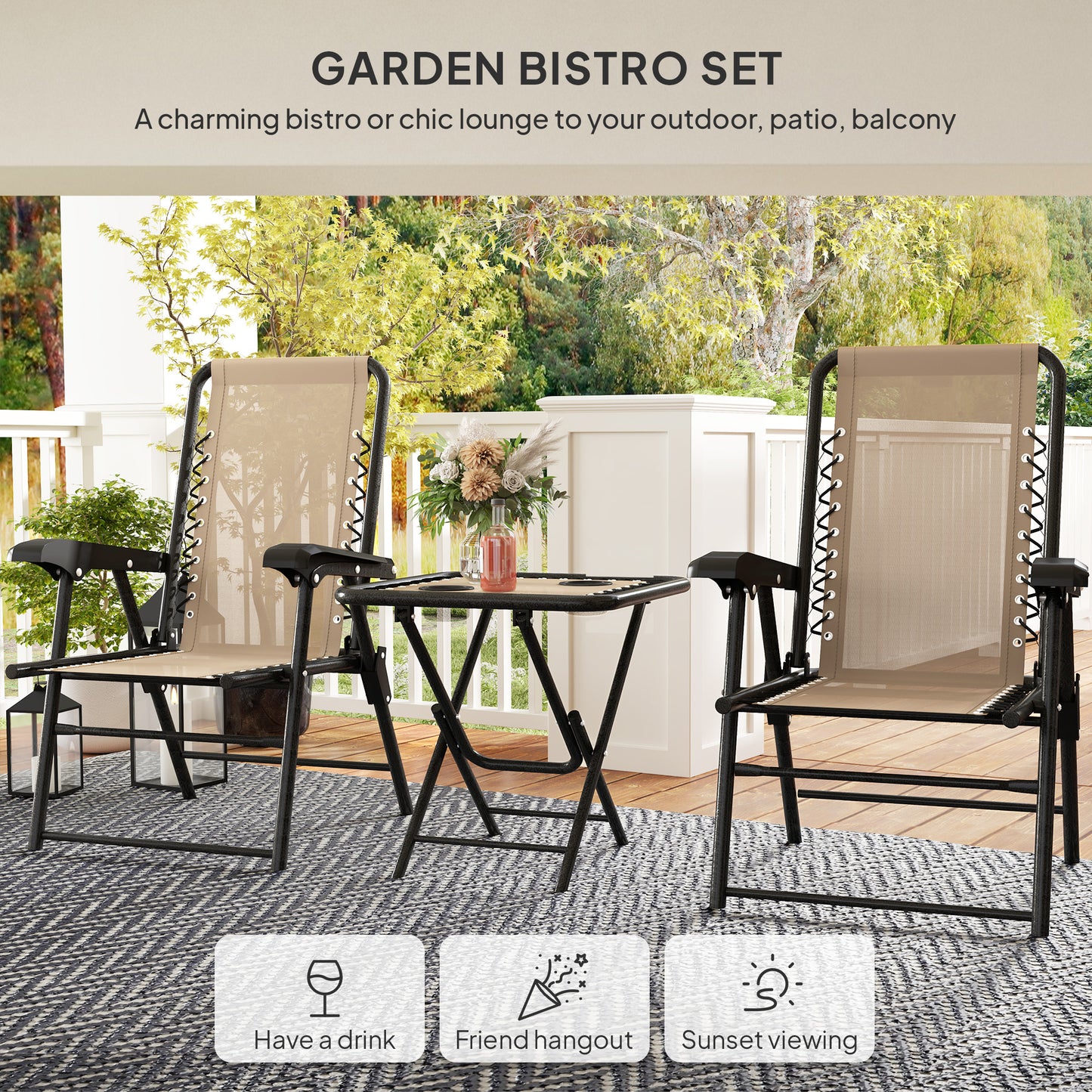 3 Pieces Folding Garden Bistro Set with Cup Holders, Khaki