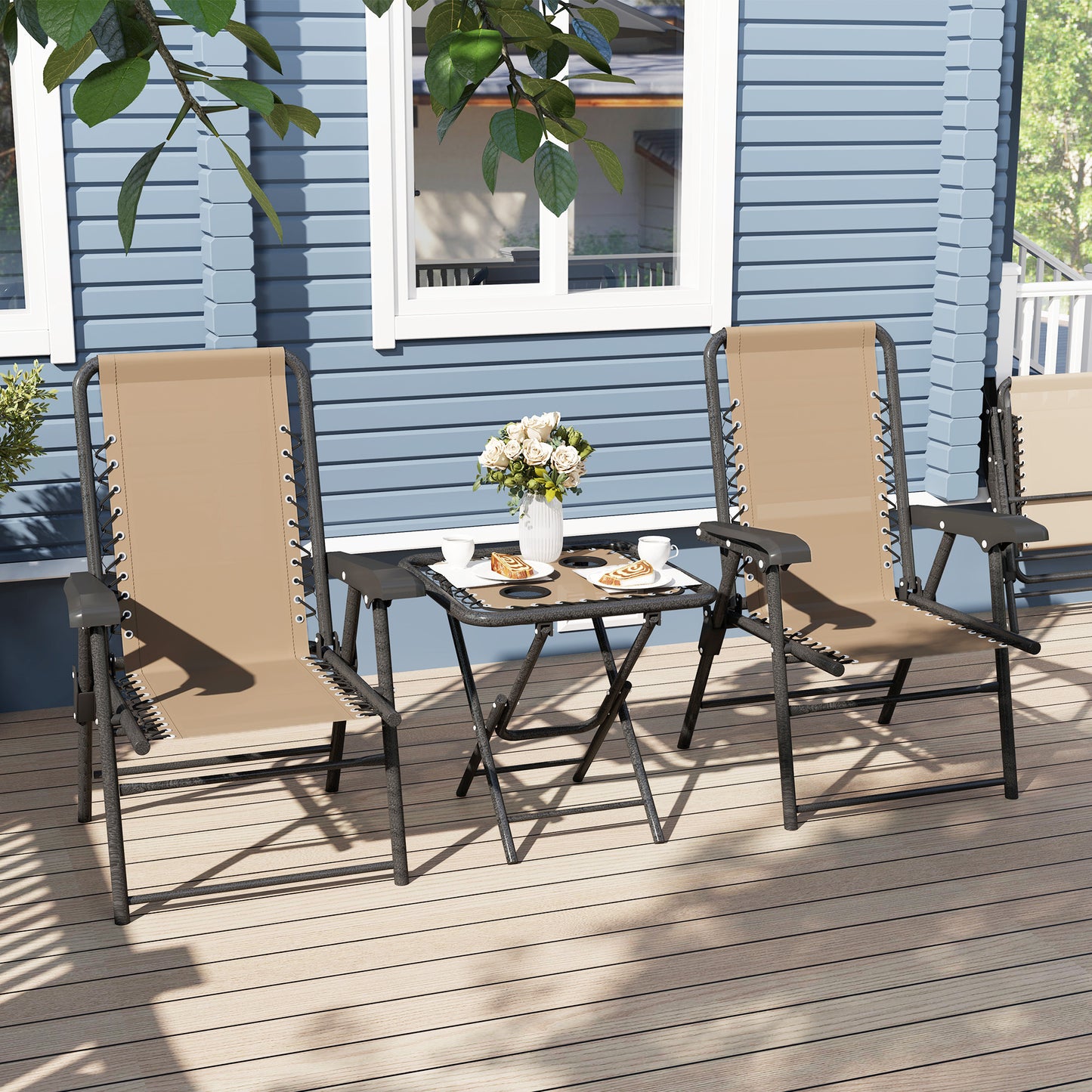 3 Pieces Folding Garden Bistro Set with Cup Holders, Khaki