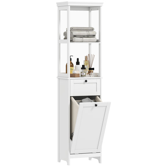 Slim Bathroom Storage Unit with Tilt-Out Laundry Cabinet Drawer White