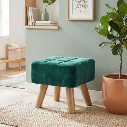 Modern Footstool, Fabric Foot Rest with Rubber Wood Legs, Dark Green