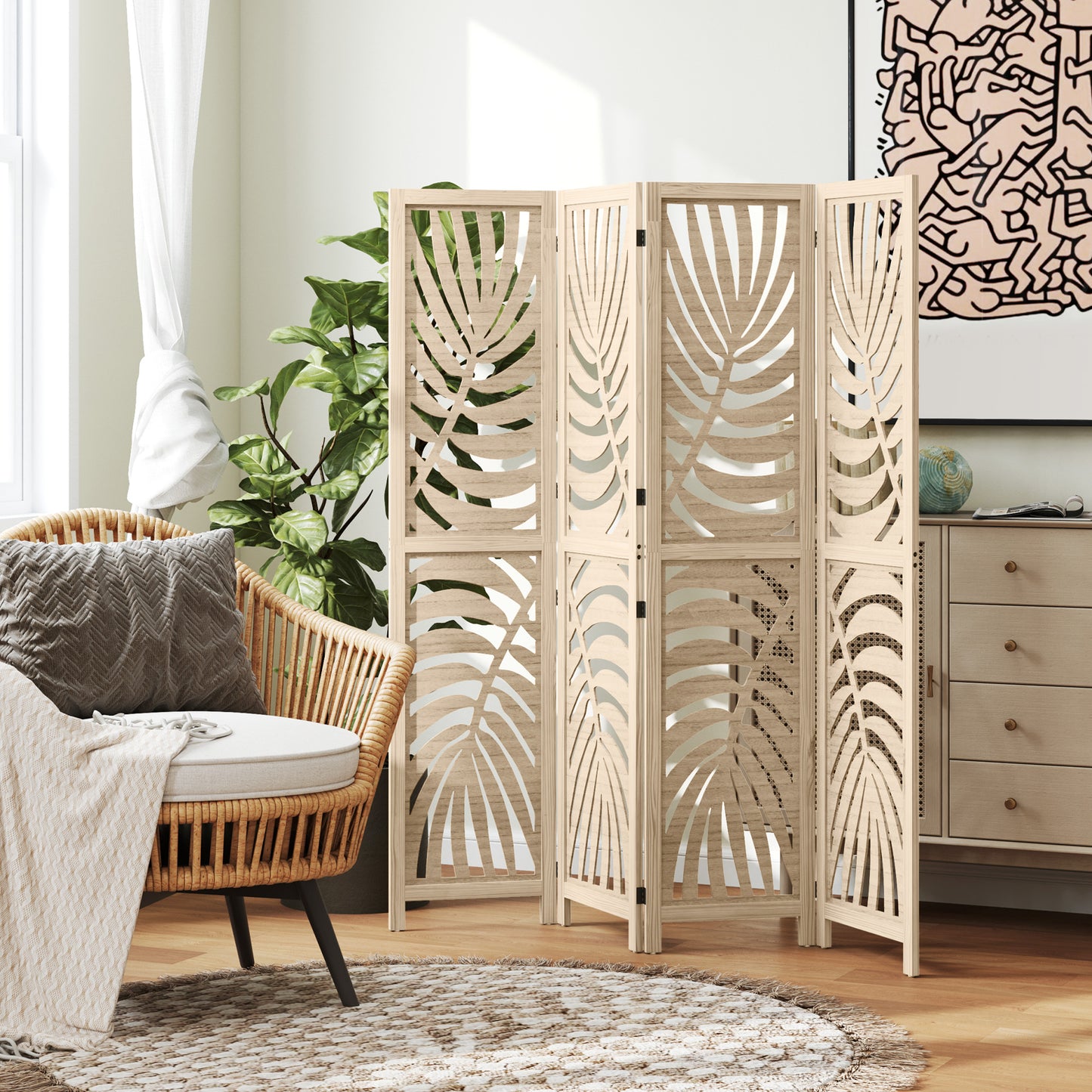 4 Panel Privacy Screens with Palm Leaf Design, Natural Wood Finish