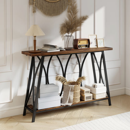 Console Table, Industrial Narrow Sofa Table with 2 Tiers, Metal Frame