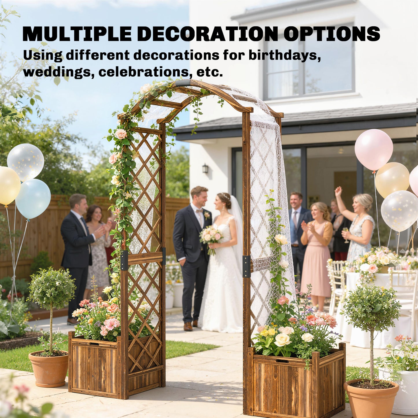 Wooden Garden Arch with 2 Planter Boxes, Decorative Garden Arbor