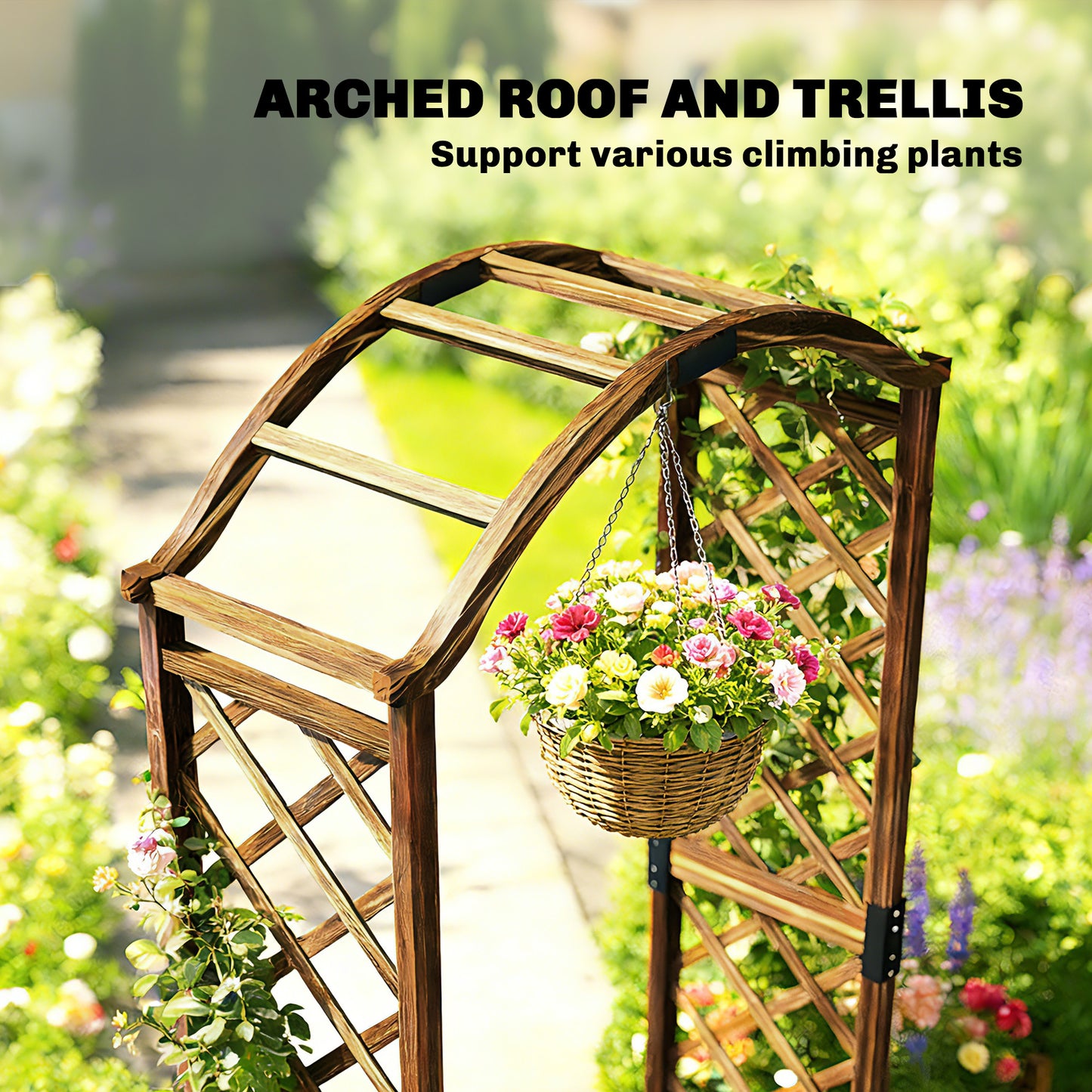 Wooden Garden Arch with 2 Planter Boxes, Decorative Garden Arbor