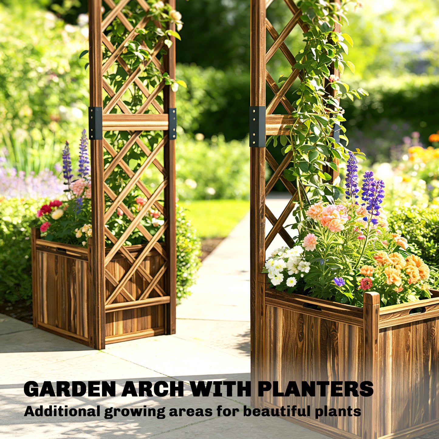 Wooden Garden Arch with 2 Planter Boxes, Decorative Garden Arbor