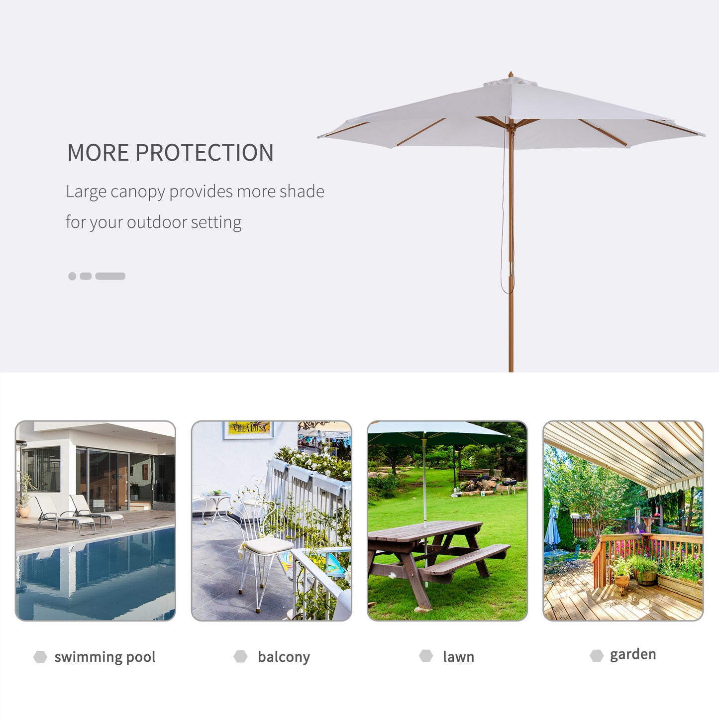 3(m) Wooden Garden Parasol Sun Shade Outdoor Umbrella Canopy White