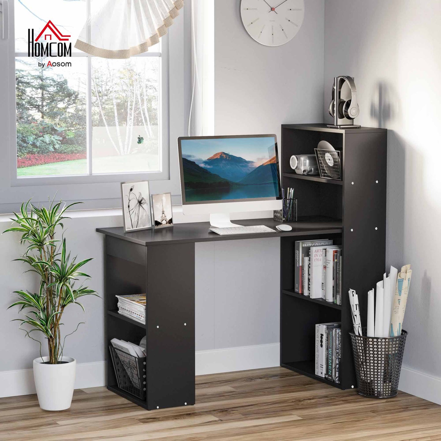 120cm Computer Desk Bookshelf Writing Table 6 Shelves Black