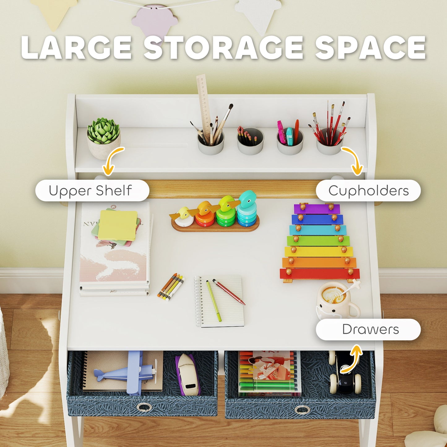 Kids Desk and Chair Set, Art Table and Chair Set for children with Hutch & Drawers, Gift for Aged 3-8, Student Study Writing Table for Home School Bedroom Playroom